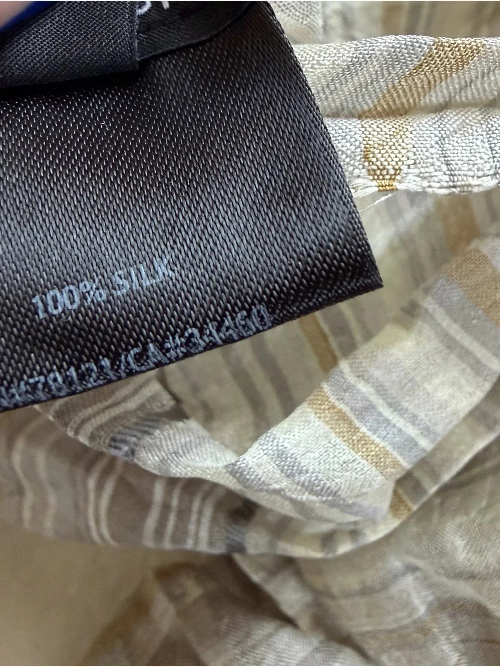 Eileen Fisher 100% Silk Crinkle Scarf Wrap Gray Taupe Stripe Fringe MSRP $179